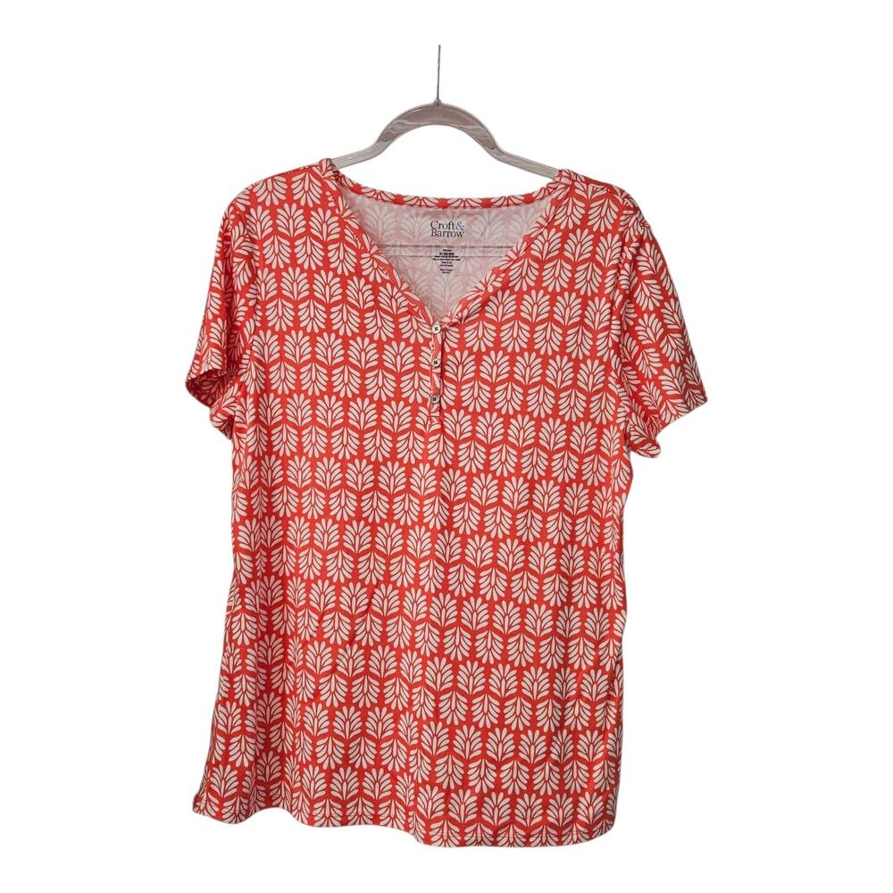 Croft & Barrow Womens L Top Red White Henley V-Neck Stretch S/S 100% Cotton